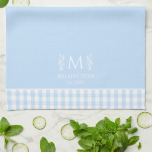 Custom Monogram Name Pastel Blue & White Gingham Tea Towel