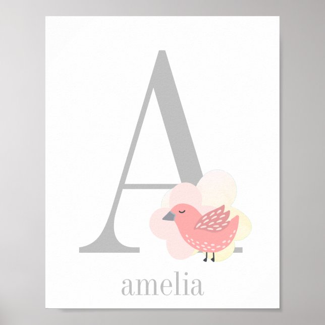 Custom Monogram Name Pink Bird Girl Nursery Poster (Front)