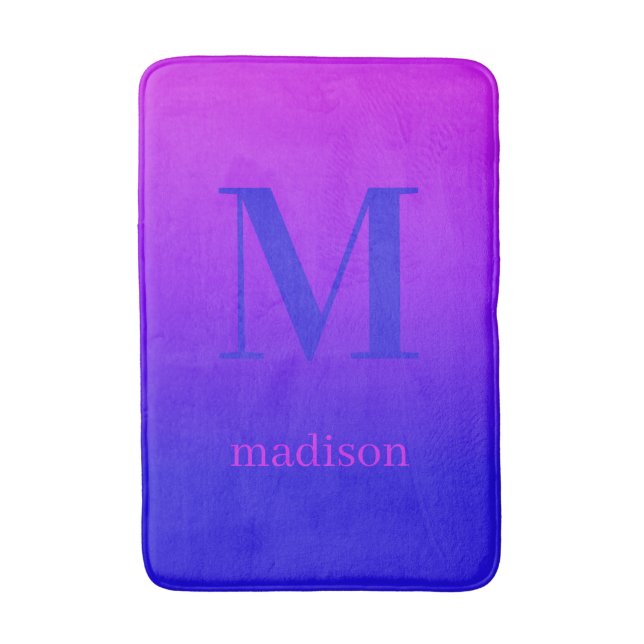 Custom monogram & name Pink to Blue Gradient Bath Mat (Front Vertical)