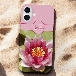 Custom Monogram Name Pink Water Lily Photograph iPhone 16 Plus Case