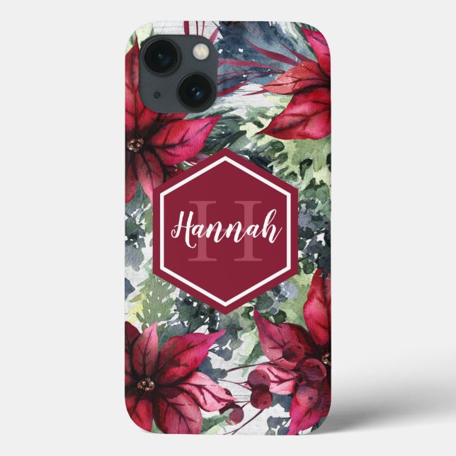 Custom Monogram Name Red Poinsettia Case-Mate iPhone Case (Back)