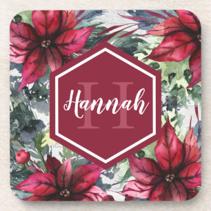 Custom Monogram Name Red Poinsettia Coaster