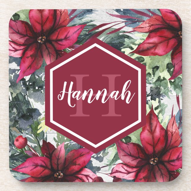 Custom Monogram Name Red Poinsettia Coaster (Front)