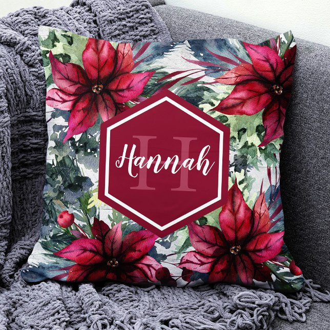 Custom Monogram Name Red Poinsettia Cushion (Creator Uploaded)