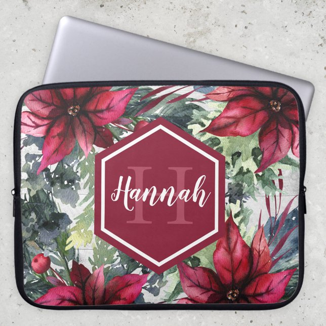 Custom Monogram Name Red Poinsettia Laptop Sleeve (Creator Uploaded)