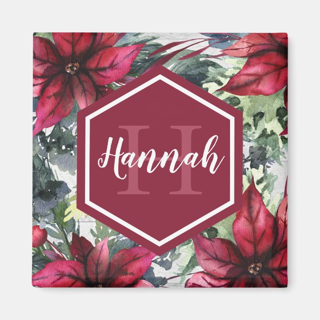 Custom Monogram Name Red Poinsettia Magnet (Front)