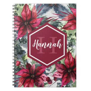 Custom Monogram Name Red Poinsettia Notebook