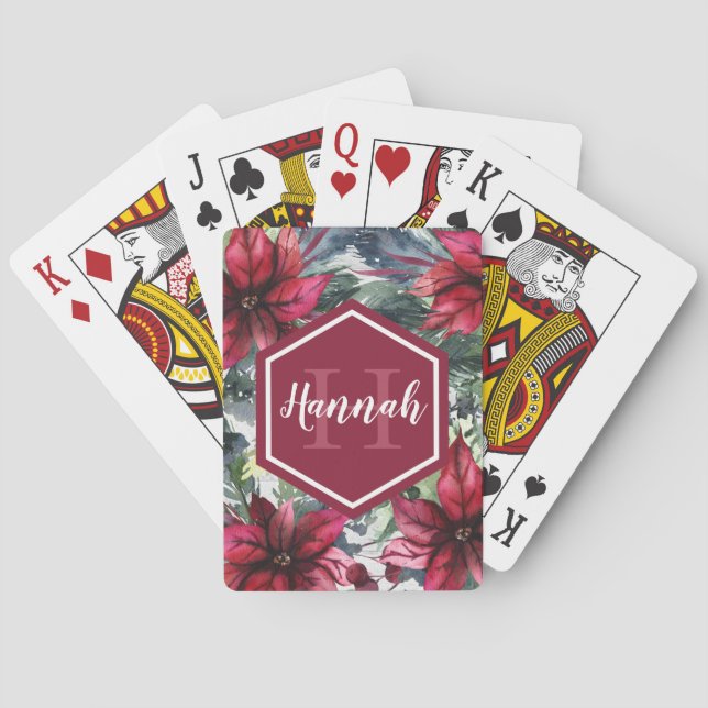 Custom Monogram Name Red Poinsettia Playing Cards (Back)