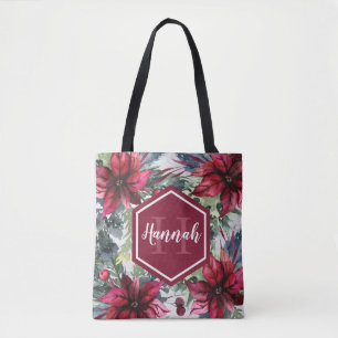 Custom Monogram Name Red Poinsettia Tote Bag