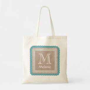 Custom Monogram Name Rustic Burlap Teal Lace A05 Tote Bag