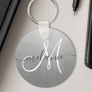 Custom Monogram Name Trendy Script Silver Foil Key Ring
