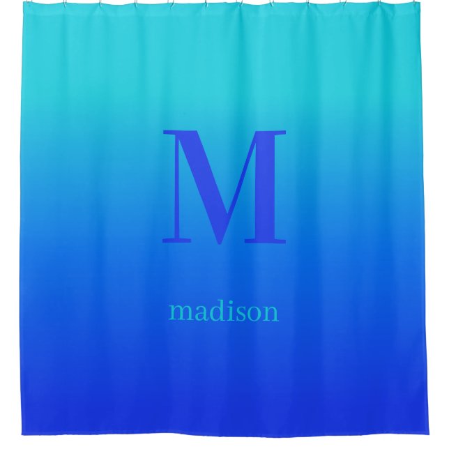 Custom monogram & name Turquoise to Blue Gradient Shower Curtain (Front)
