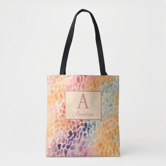 Custom Monogram Name Watercolor Leopard Print Tote Bag (Front)