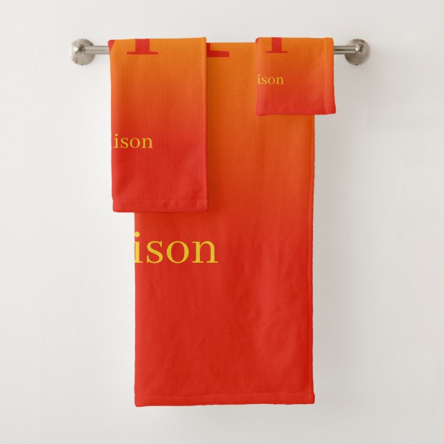 Custom monogram & name Yellow to Red Gradient Bath Towel Set (Insitu)