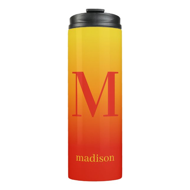 Custom monogram & name Yellow to Red Gradient Thermal Tumbler (Front)