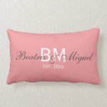 Custom Monogram Names Family Pillow | Rectangle<br><div class="desc">Cheerful and modern monogrammed throw pillows designs with bride and groom names, great to brighten any couch, sofa, chair or bedroom decoration. Fully customisable! The stylish, chic and simple throw pillow design, by red_dress, features couples's names, monograms and the word "Established ... " on a pink personalised background. Easily customise...</div>