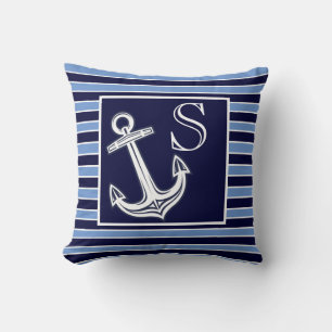 Custom Monogram Nautical Anchor Navy Blue stripes  Cushion