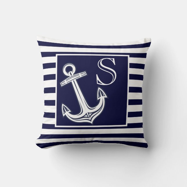 Custom Monogram Nautical Anchor Navy Blue stripes Cushion (Front)
