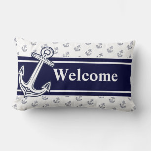 Custom Monogram  Nautical Anchor Navy Blue White Lumbar Cushion