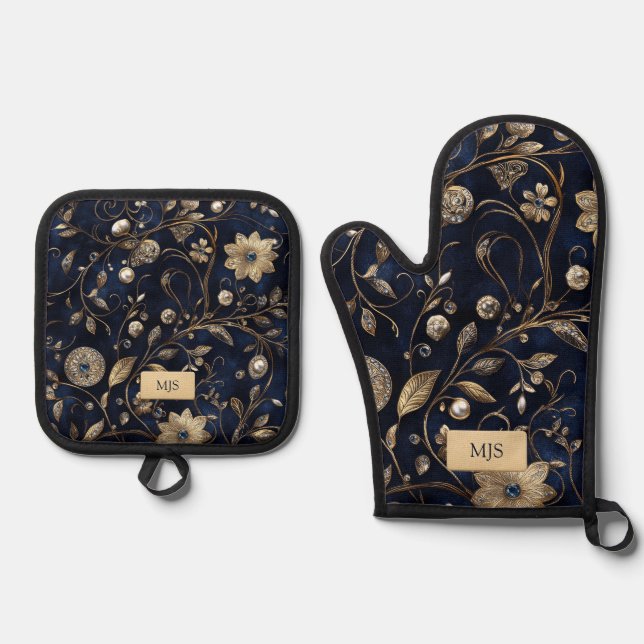 Custom Monogram Navy and Gold Floral Oven Mitt & Pot Holder Set (Front)