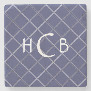 Custom Monogram Navy Blue and Silver Geometric Stone Coaster