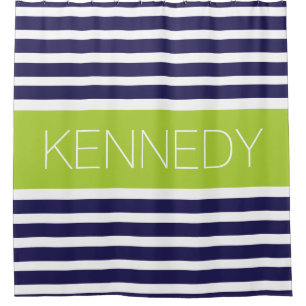 Custom Monogram Navy Blue Apple Nautical Stripes Shower Curtain