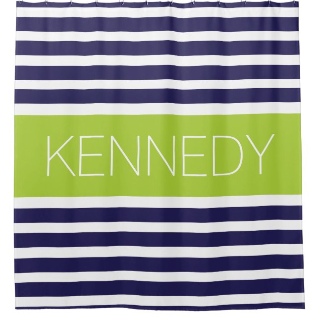 Custom Monogram Navy Blue Apple Nautical Stripes Shower Curtain (Front)