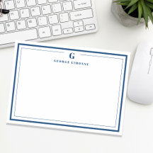 Custom Monogram Navy Blue Border Stationery 