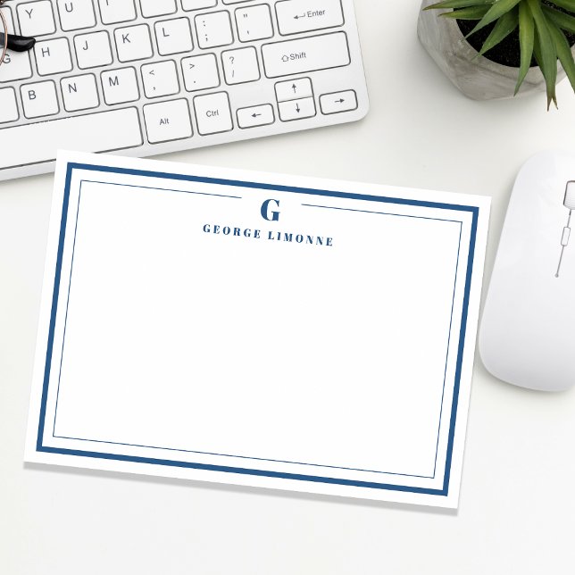 Custom Monogram Navy Blue Border Stationery  Card (Creator Uploaded)