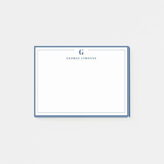 Custom Monogram Navy Blue Border Stationery  Post-it Notes (Front)