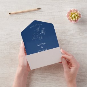 Custom monogram navy blue calligraphy wedding all in one invitation