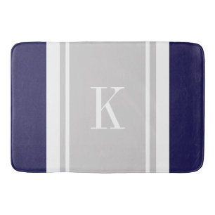 Custom Monogram Navy Blue Grey Stripes Pattern Bath Mat