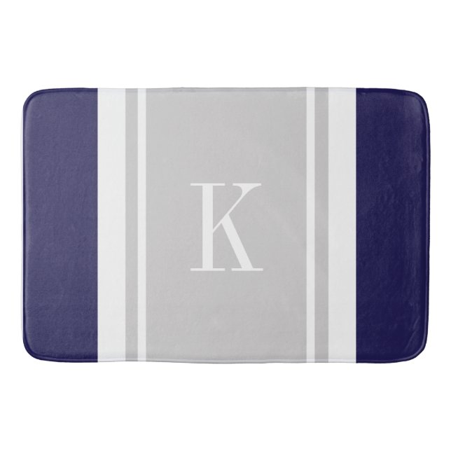 Custom Monogram Navy Blue Grey Stripes Pattern Bath Mat (Front)