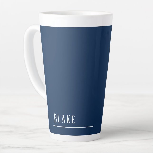 Custom monogram, navy blue modern latte mug (Left Angle)