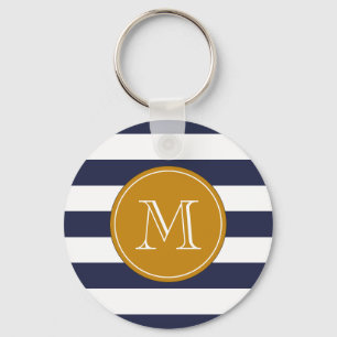 Custom Monogram Navy Blue Stripes Key Ring