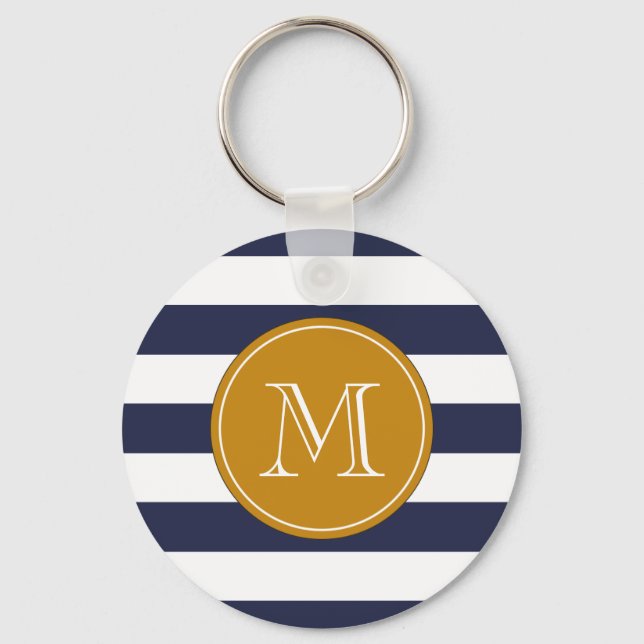 Custom Monogram Navy Blue Stripes Key Ring (Front)