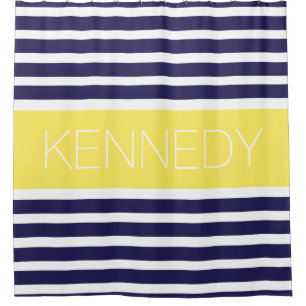 Custom Monogram Navy Blue Yellow Nautical Stripes Shower Curtain
