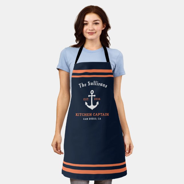 Custom Monogram Navy Coral Yacht Kitchen Captain Apron (Worn)