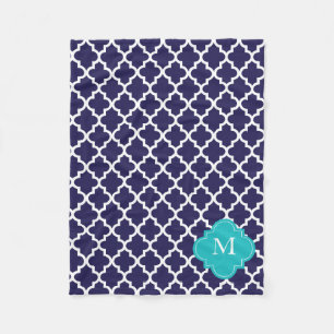 Custom Monogram Navy Turquoise Quatrefoil Pattern Fleece Blanket