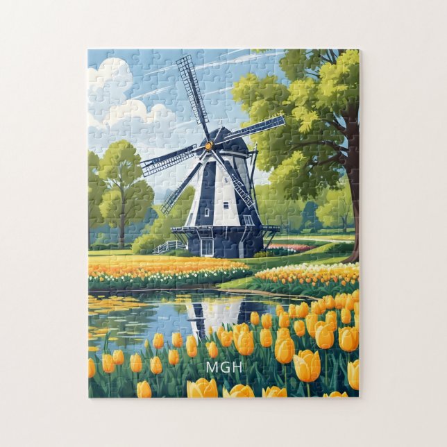 Custom Monogram Netherlands Windmills Jigsaw Puzzle (Vertical)