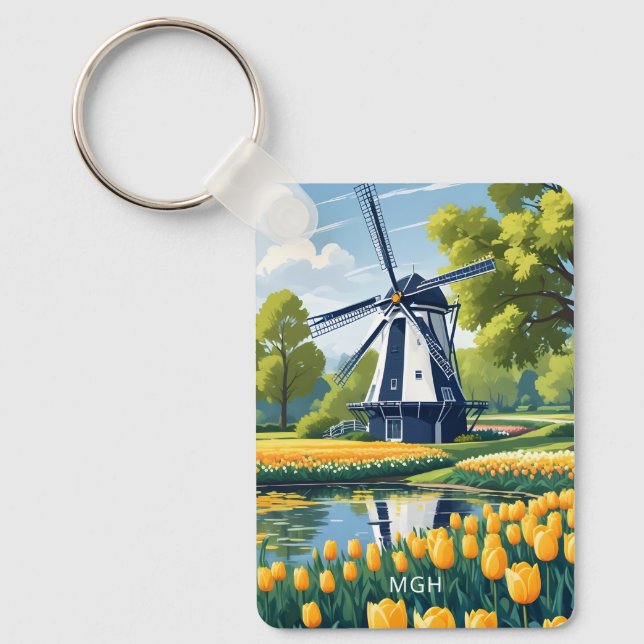 Custom Monogram Netherlands Windmills Key Ring (Front)