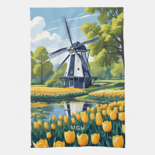 Custom Monogram Netherlands Windmills Tea Towel