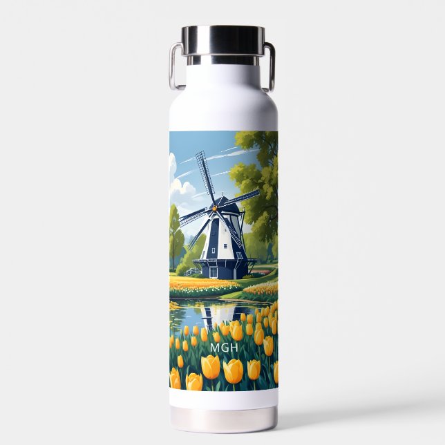 Custom Monogram Netherlands Windmills Water Bottle (Front)