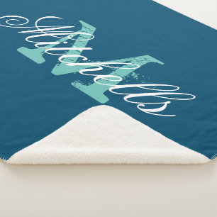Custom monogram ocean blue medium size soft fleece sherpa blanket