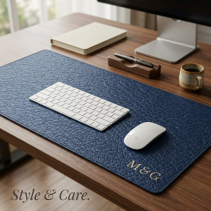Custom Monogram on Elegant Navy Leather Look Desk Mat