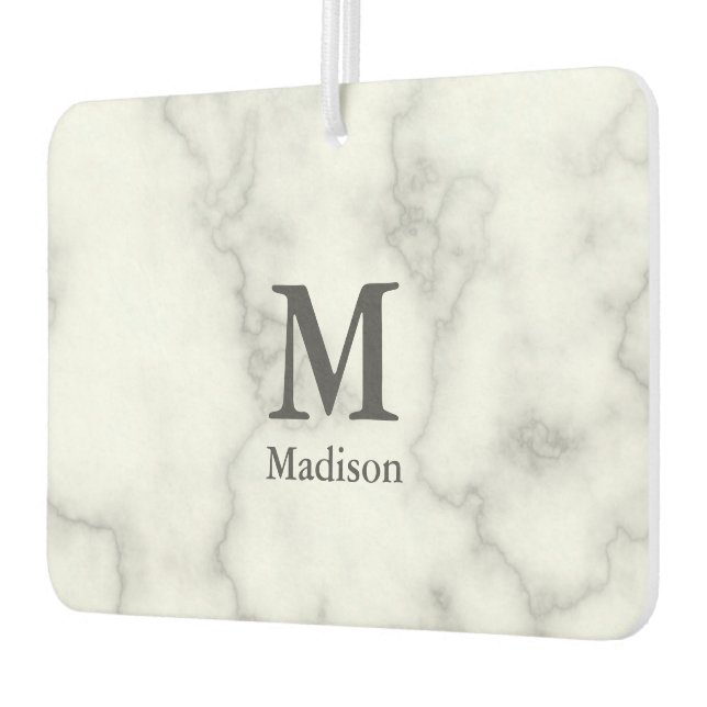 Custom Monogram on Faux White Marble Car Air Freshener (Left)