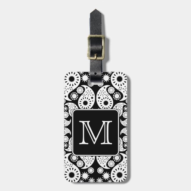 Custom Monogram on Monochrome Paisley Pattern. Luggage Tag (Front Vertical)