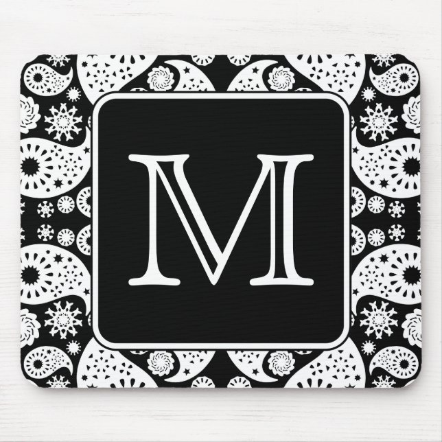 Custom Monogram on Monochrome Paisley Pattern. Mouse Mat (Front)