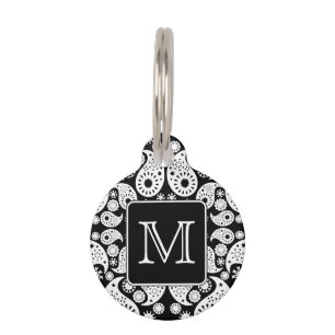 Custom Monogram on Monochrome Paisley Pattern. Pet Tag
