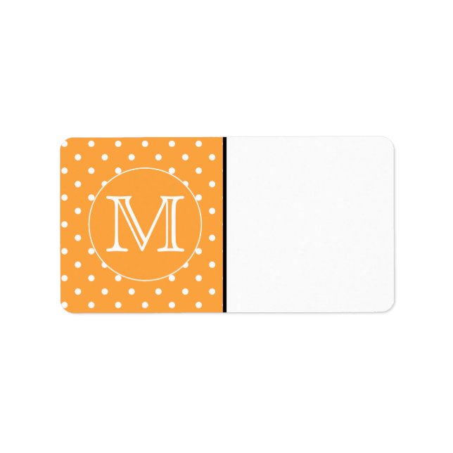Custom Monogram. Orange and White Polka Dot. Label (Front)